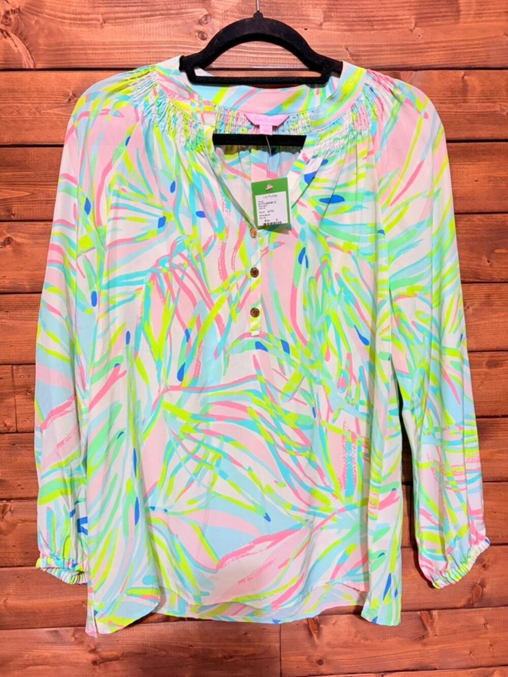 Lilly Pulitzer Elsa Tunic Women 100% Silk Top Rouch Neck SKYE BLUE SALUTE